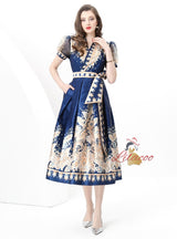 Short-sleeved V-neck Slim Printed Dress