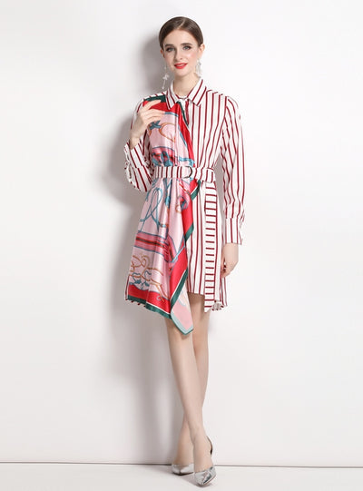 Striped Long-sleeved Irregular Shirt Dress