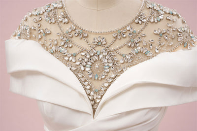 White Scoop Crystal Cap Sleeve Pleats Prom Dress