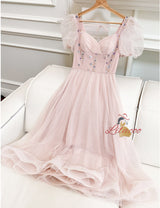 Pink Square Neck Gauze Bead Dress