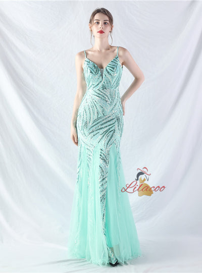 Mermaid Tulle Sequins Straps Prom Dress