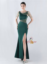 Scoop Neck Beading Split Prom Dress