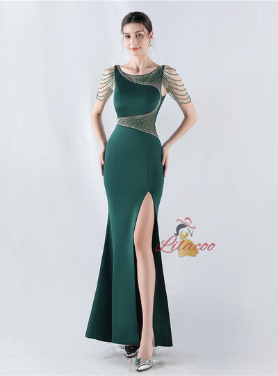 Scoop Neck Beading Split Prom Dress