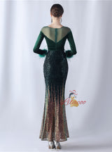 Sequins Long Sleeve Feather Prom Dress