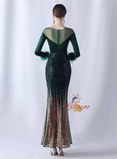 Sequins Long Sleeve Feather Prom Dress