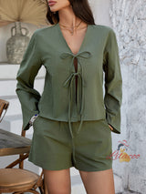 Solid Color Long Sleeve Top Short Pants Suit