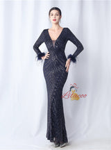 Long Sleeve Mermaid V-neck Prom Dress