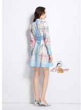 Retro Lapel Button Printed Dress