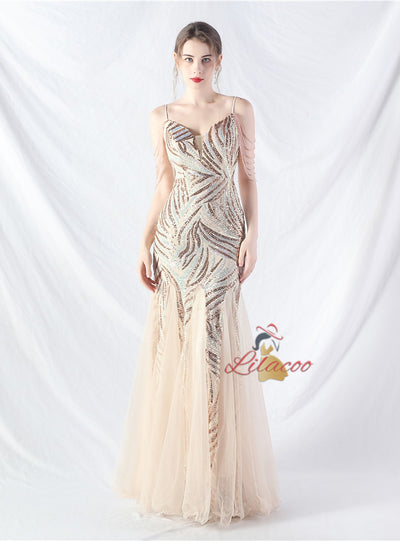 Spaghetti Straps Sequins Beading Prom Dress