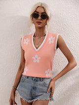 Printed V-neck Sleeveless Flowers Sweater