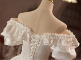 White Satin Lace Short Sleeve Wedding Dress