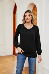 Solid Color V-neck Loose Long Sleeve T-shirt