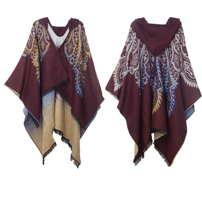 Peacock Jacquard Cashmere-like Hooded Cloak Shawl