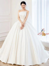 Ivory White Satin Strapless Pleats Wedding Dress