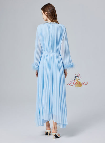 Diamond Beaded Feather Stitching Pleated Loose Dress