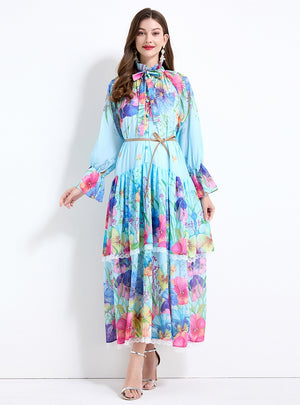 Horn Sleeve Button Printed Long Dress