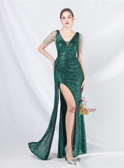 V-neck Mermaid Sequins Beading Prom Dress