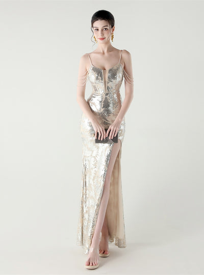 Mermaid Sequins Spaghetti Straps Split Beading Prom Dress