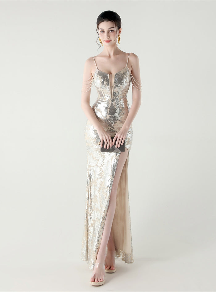 Mermaid Sequins Spaghetti Straps Split Beading Prom Dress