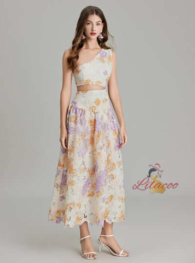 Embroidered Printed One-shoulder Slim Dress