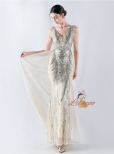 V-neck Tulle Sequins Beading Prom Dress