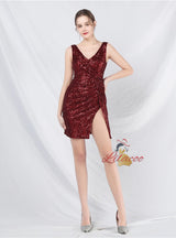 V-neck Sequins Split Short Prom Dress