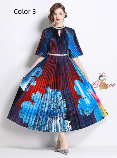 Beaded Printed Pleated Pearl Button Pleated Dress