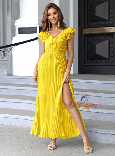 Sexy V-neck Pleated Long Dress
