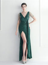 V-neck Sequins Beading Split Prom Dress