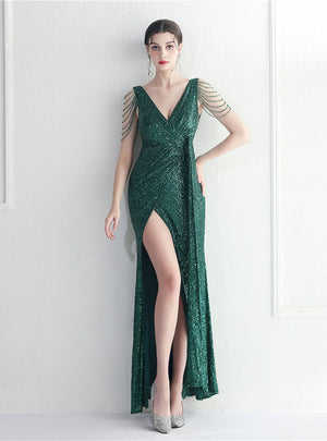 V-neck Sequins Beading Split Prom Dress