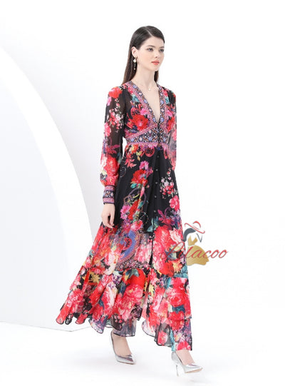 V-neck Slim Long Sleeve Printed Dress