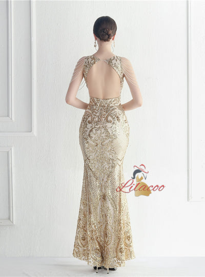 Mermaid Sequins Sleeveless Beading Prom Dress