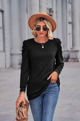 Round Neck Pleated Long Sleeve T-shirt