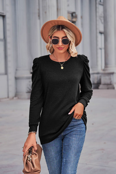 Round Neck Pleated Long Sleeve T-shirt