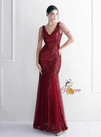 Tulle Sequins V-neck Beading Prom Dress