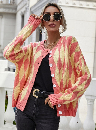 Single-breasted Printed Round Neck Sweater Coat