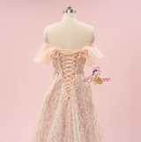Champagne Tulle Sequins Beading Feather Prom Dress