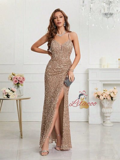 Pink Sequins V-neck Pleats Prom Dress