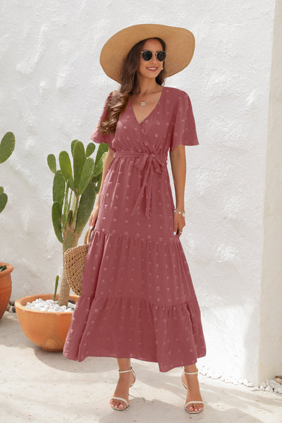 V-neck High Waist Short Sleeve Long Dress
