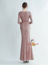 V-neck Long Sleeve Sequins Prom Dress