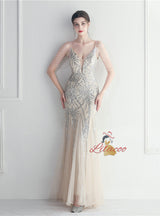 Mermaid Sequins Tulle Spaghetti Straps Beading Prom Dress