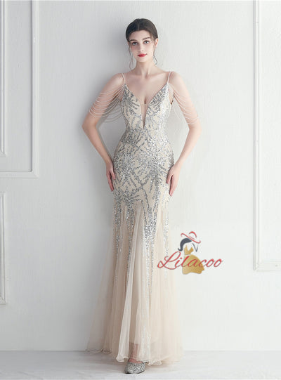 Mermaid Sequins Tulle Spaghetti Straps Beading Prom Dress