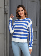 Hollow Striped Round Neck Long Sleeve Sweater