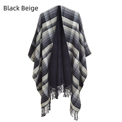 Checked Tassel Split Shawl