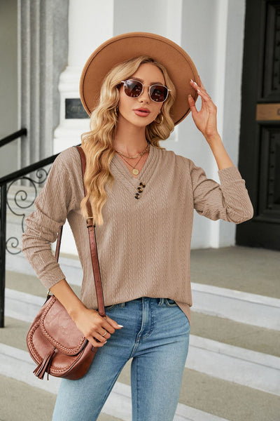 V-neck Button Loose Long Sleeve T-shirt