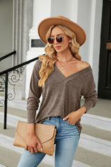 Solid Color V-neck Loose Casual Long Sleeve T-shirt