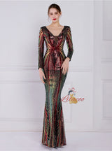 Long Sleeve V-neck Sequins Prom Dress