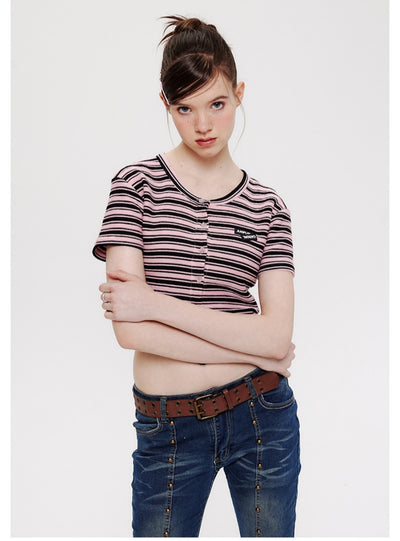 Short-sleeved Irregular V-neck Striped T-shirt