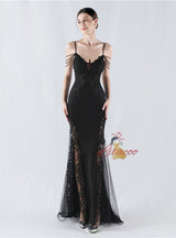 Mermaid Sequins Spaghetti Straps Appliques Prom Dress