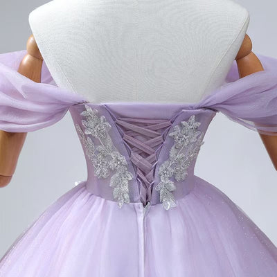 Lavender Tulle Off the Shoulder Sequins Beading Prom Dress